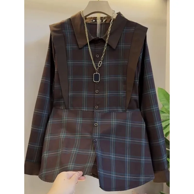 

Женская рубашка SuperAen оверсайз, весна 2026, новая коллекция, винтажная, в клетку, свободного кроя, с элегантными вставками, в стиле пэчворк