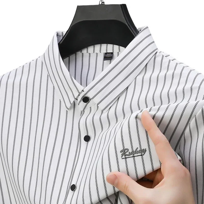 High End Men\'s Dress Shirts 100% Mulberry Silk Seamless Stripes Tops Wrinkle Resistant Strong Elastic Luxurious Quality Clothing