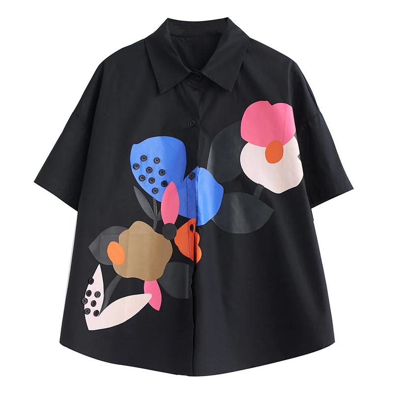 Faionable Contrast Color Print ort Sve Women's irt Loose Sli Summer Slimming irt Korean Sle Commute Wind