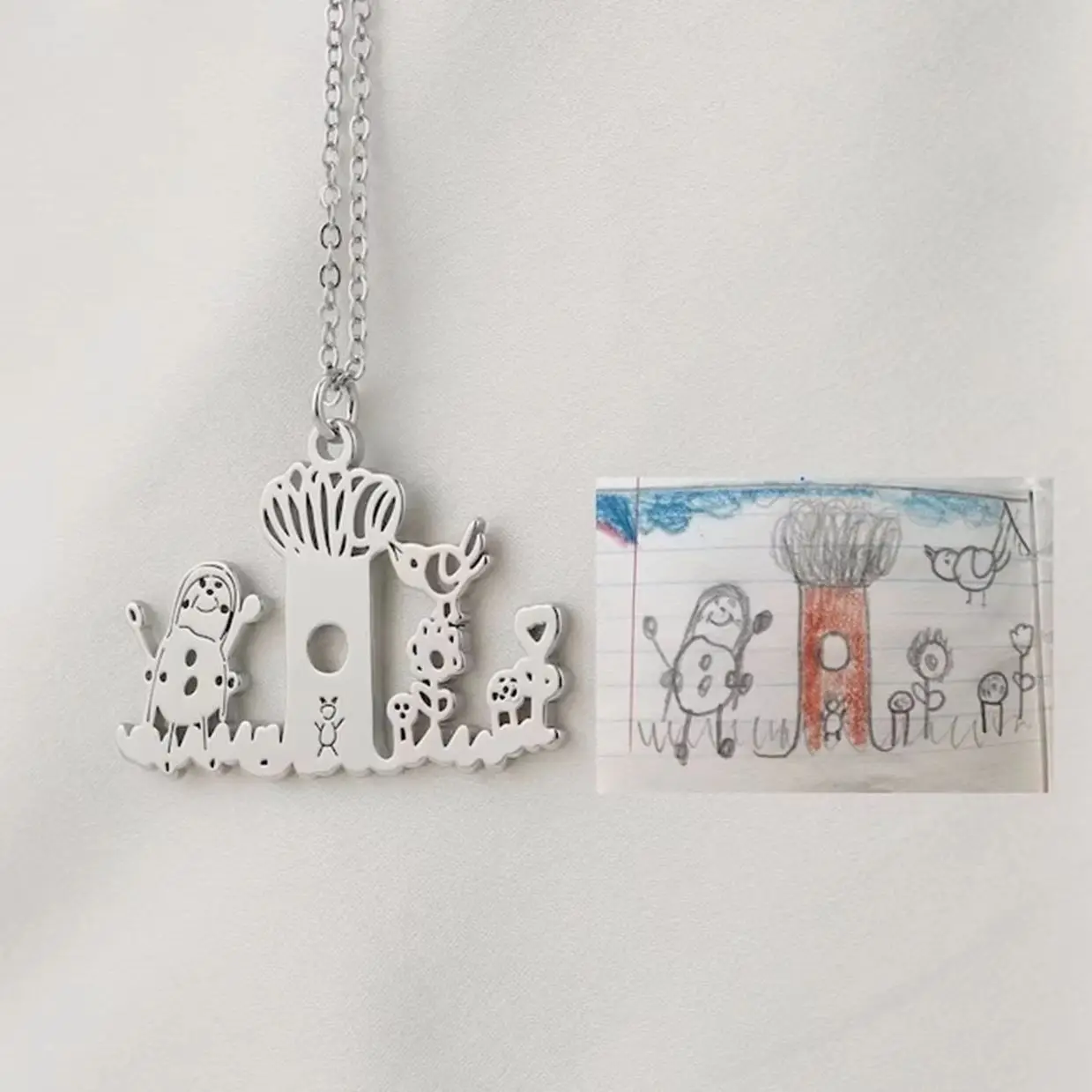 

Personalized Kids Drawing Necklace Customized Children Artwork Necklace Kids Art Photo Logo Jewelry Memorial Gift for Grandma