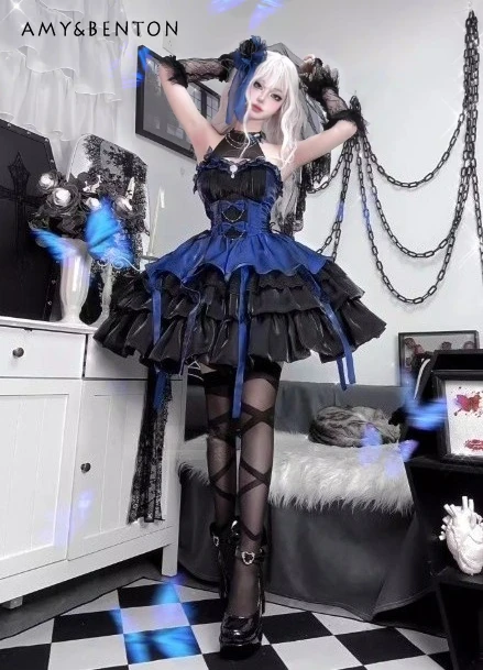 

Summer New Style Banquet Date Daily Women's Black Blue Halter Neck Slim High Waist Lolita Short Dress with Bow Trailing