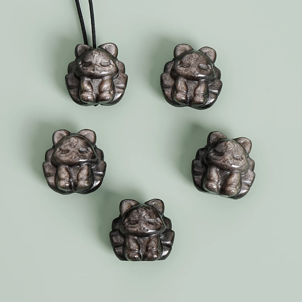 

5Pcs Silver Obsidian Fluffy Nine-Tailed Fox Pendant 18x18x12MM Silver Black Mythical Fox Charms for Ethereal DIY Jewelry Making