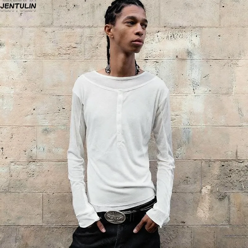 

Spring Summer High Elastic Women Clothes Black White Perspective Layering Fake Two Pieces Long Sleeve T-shirt For Men Clothing