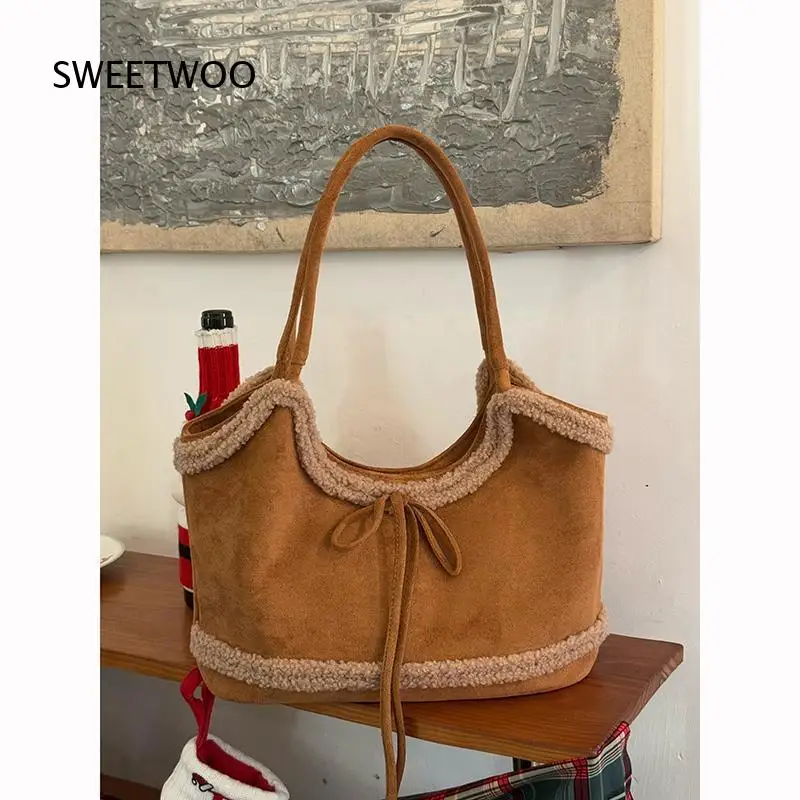 Caramel Suede Sherpa Trim Tote Bag Women Bow Tie Drawstring Fleece Edge Large Capacity Winter Vintage Casual Shoulder Handbag