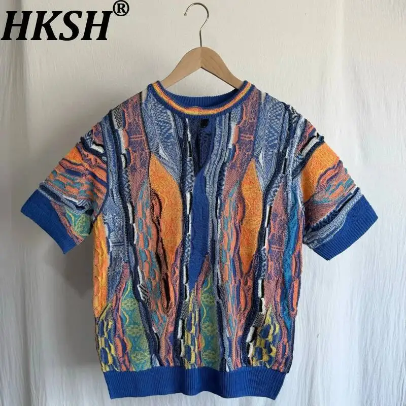

HKSH Spring Summer New Men Tide Dark Reteo Jacquard Ethnic Style Knitted Pullover Short Sleeved Chic Ins Fashion Sweater HK21083