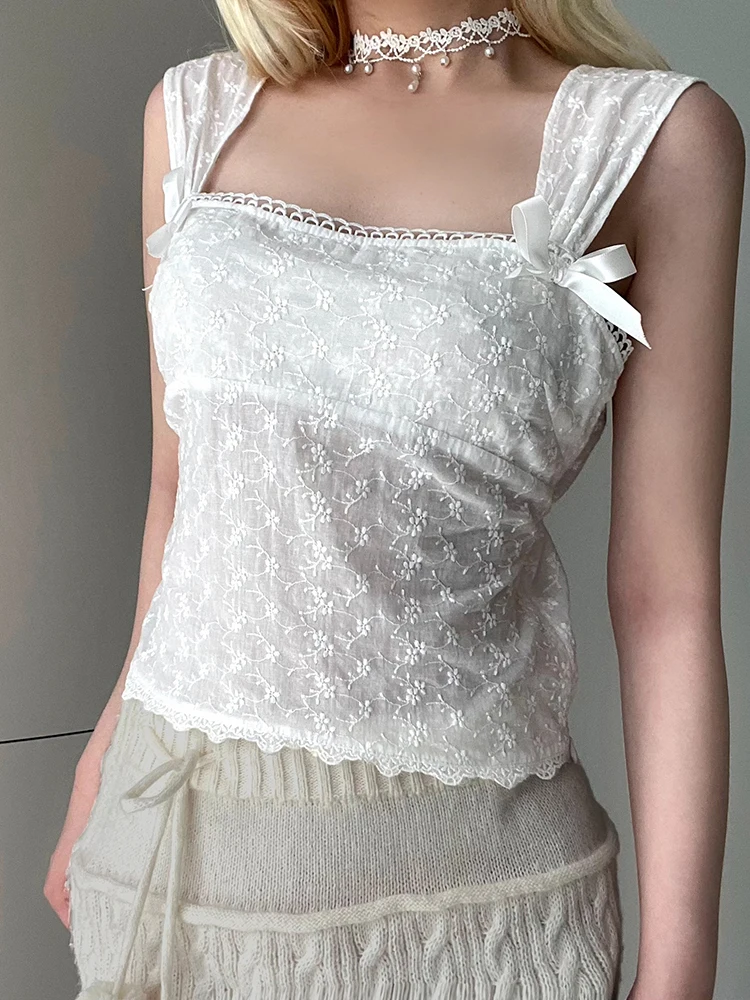 Rockmore White Lace Tank Top Women Lace-up Bow Camis Y2K Japanese style Sleeveless Crop Top Kawaii Side Zip Up Mini Vests Korean