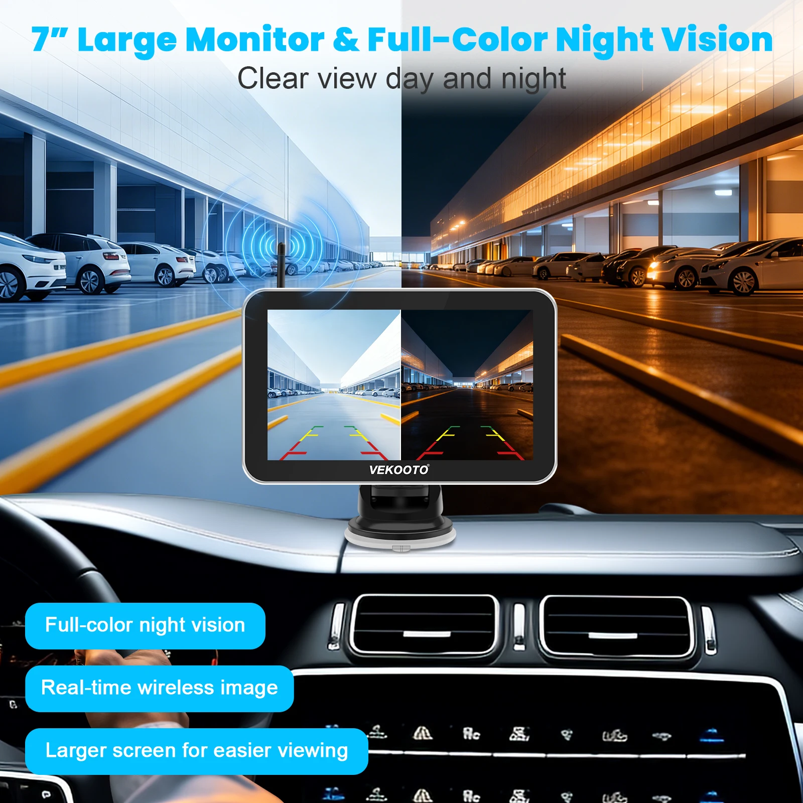 License Plate Solar Wireless Rear View Camera with 7'' HD Monitor Waterproof Backup Camera Safety Reversing for Car SUV Pickup