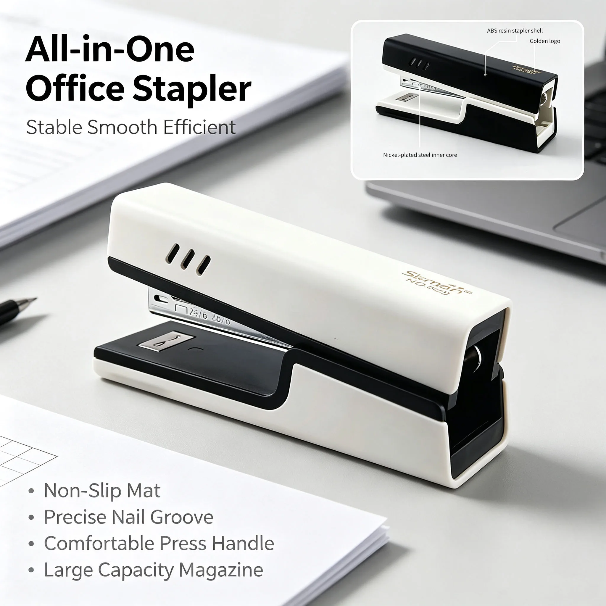 All-In-One Office Stapler with Large Capacity, Anti-Slip Base, Precise Stapling, Comfortable Press Handle, Simple Desktop Stationery for Document and Receipt Binding