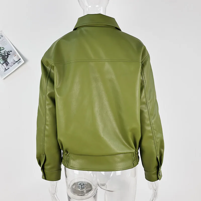 Jacke Coat Silhouette Vintage High Street Zipper Lapel Overcoat Loose Casual Outwear Autumn Olive Green faux Leather Jacket