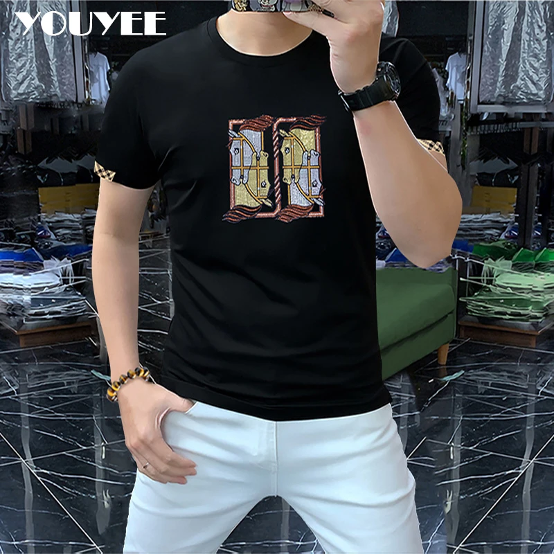 

T-shirt Men's Heavy Craft Hot Diamond Horse Head Summer New Short Sleeve Male Top Round Meck High Grade Designer Man Clothing 4x