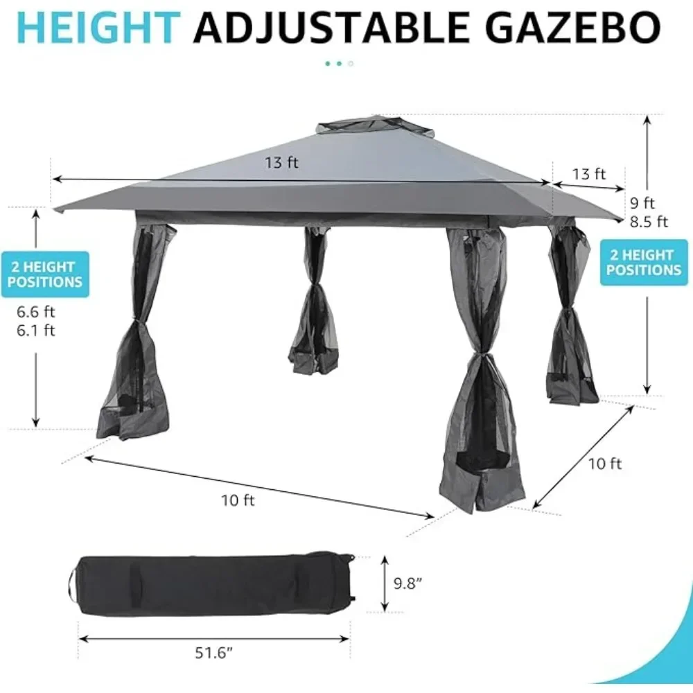 13x13 Ft Pop Up Gazebo, Outdoor Canopy Tent Shade with Metal Frame Mosquito Netting for Patio, Garden, Lawn, Backyard