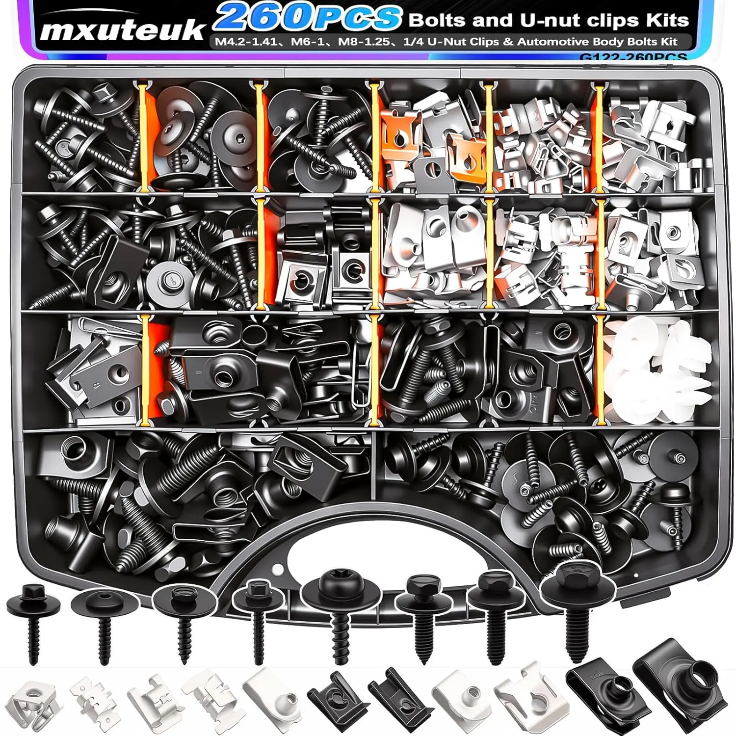 260PCS U-Nut Clips&Automotive Body Fender Bolts Kit,for Most Cars Fender,Engine Undertray Cover,Engine Cover&Bumper Fender Liner