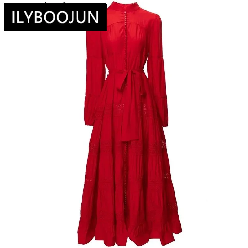 

ILYBOOJUN Fashion Designer Summer Dress Women's Stand Collar Lantern Sleeve Pearl Single Breasted Vintage Lace-up Dress