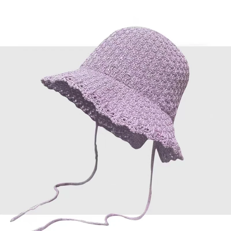 New Lace Up Knitted Sun Hat for Women 2024 Summer Sweet Travel Sunscreen Bucket Fashion Lady Soft Breathable Fishman Cap Panama