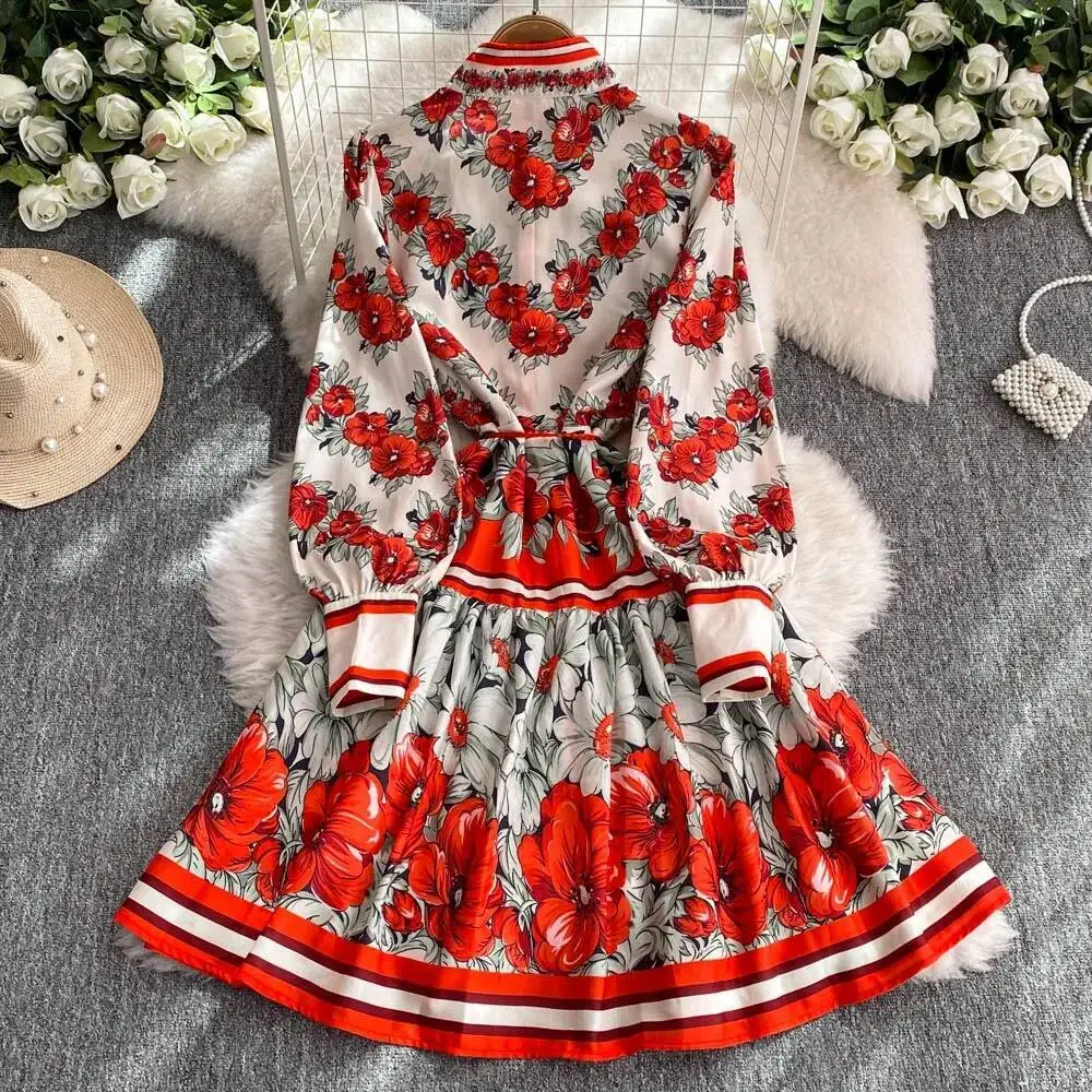 

BabYoung Vintage Sweet Hong Kong Stand Collar Lantern Sleeve Dress Print French Style Panelled Robe Slim Waist Lace Up Mujer