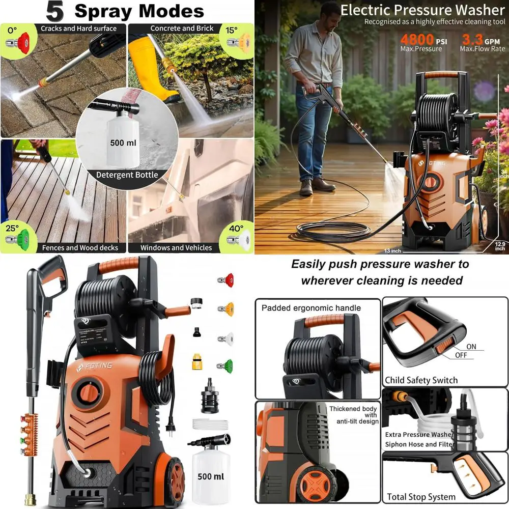 

Мойка высокого давления 4800 фунтов на кв. дюйм, 34 см высотой, 4 насадки, шланг и фильтр, пенная насадка 500 мл для автомобилей, подъездных путей, уборки дома, красная