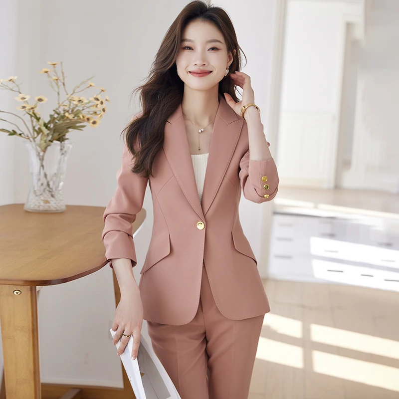 High Quality Pink Apricot Black Purple Ladies Pant Suit Women Female Work Wear Formal Jacket Blazer and Trouser 2 Piece Set