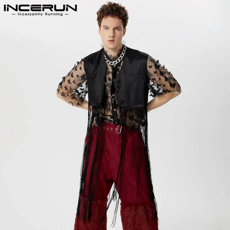 

INCERUN Men Vests Tassel Patchwork V Neck Sleeveless Button Casual Male Waistcoats Streetwear Personality 2024 Fashion Vests