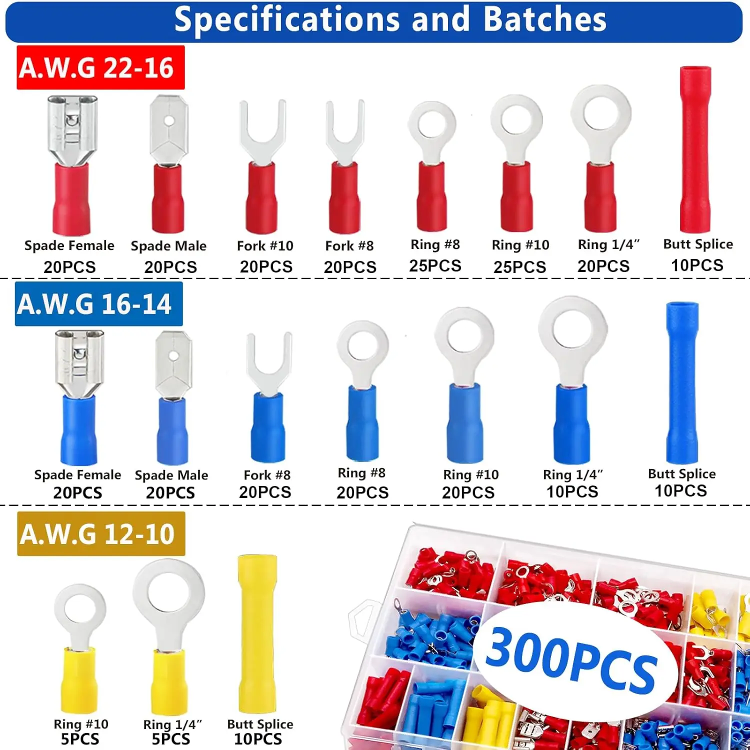 300 قطعة من الموصلات الكهربائية ذات الأسلاك المعزولة - المؤخرة، الدائري، المجرف، قطع الاتصال السريع - مجموعة متنوعة من موصلات أطراف التجعيد #3
