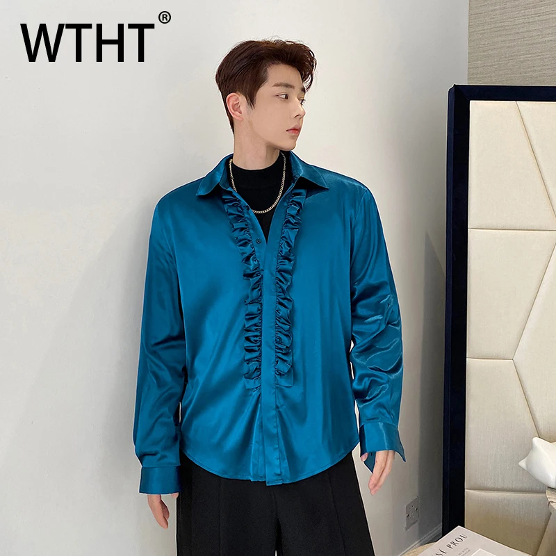 

WTHT Fashion 2025 Autumn Men's Solid Color Ruffle Edge Lapel Shirts Trendy New Long Sleeves Single-breasted Tops Male 2A1421
