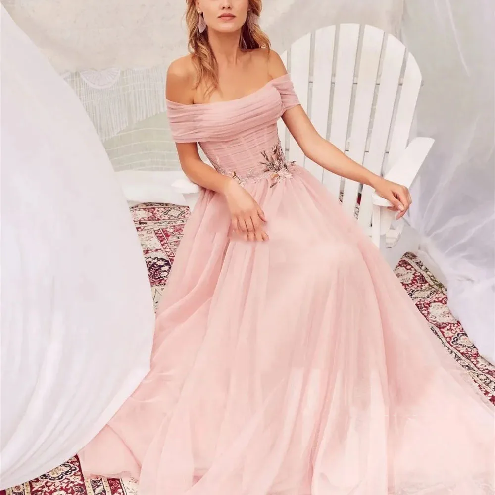 Off Shoulder Blush Roze Trouwavondjurken Kanten Appliqués Formele Gelegenheid Jurk Plooi Tule A Line Prom Party GownCL-601