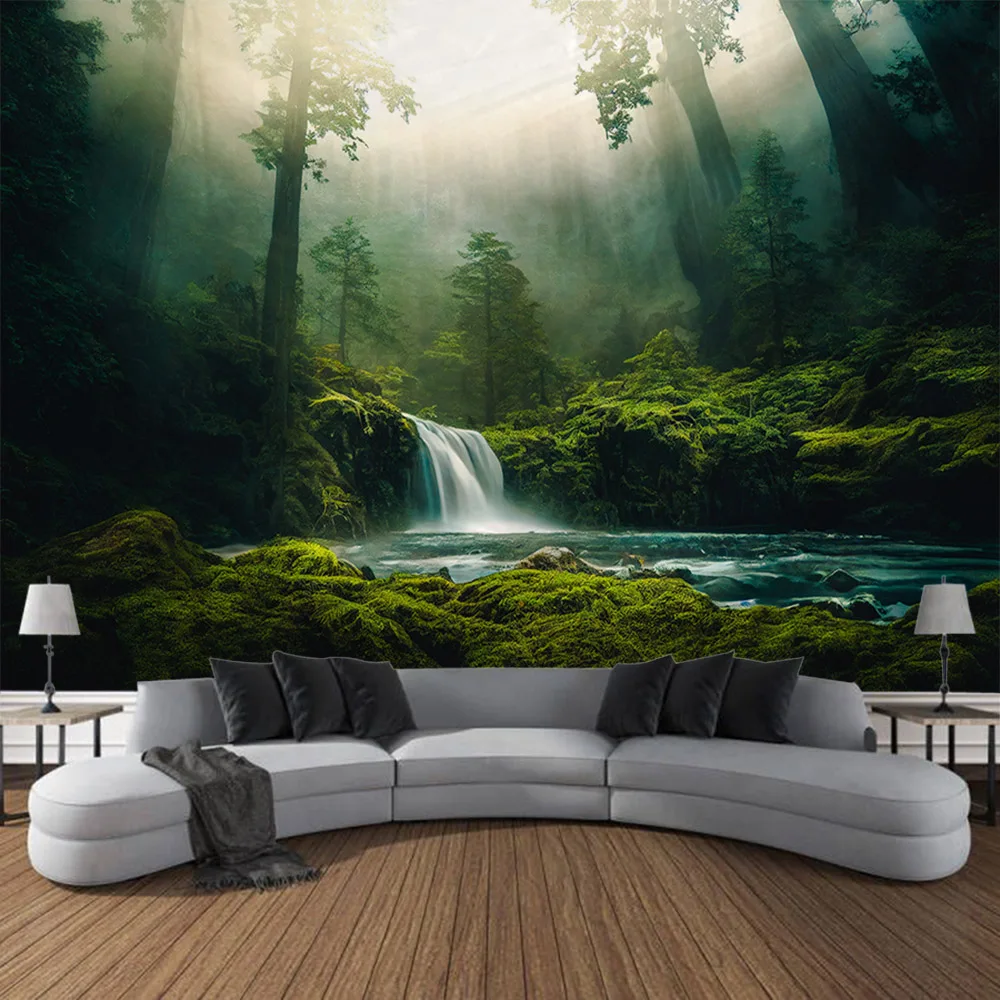 Bohemian style tapestry home decoration wall hanging forest waterfall landscape background cloth bedroom living room dormitory