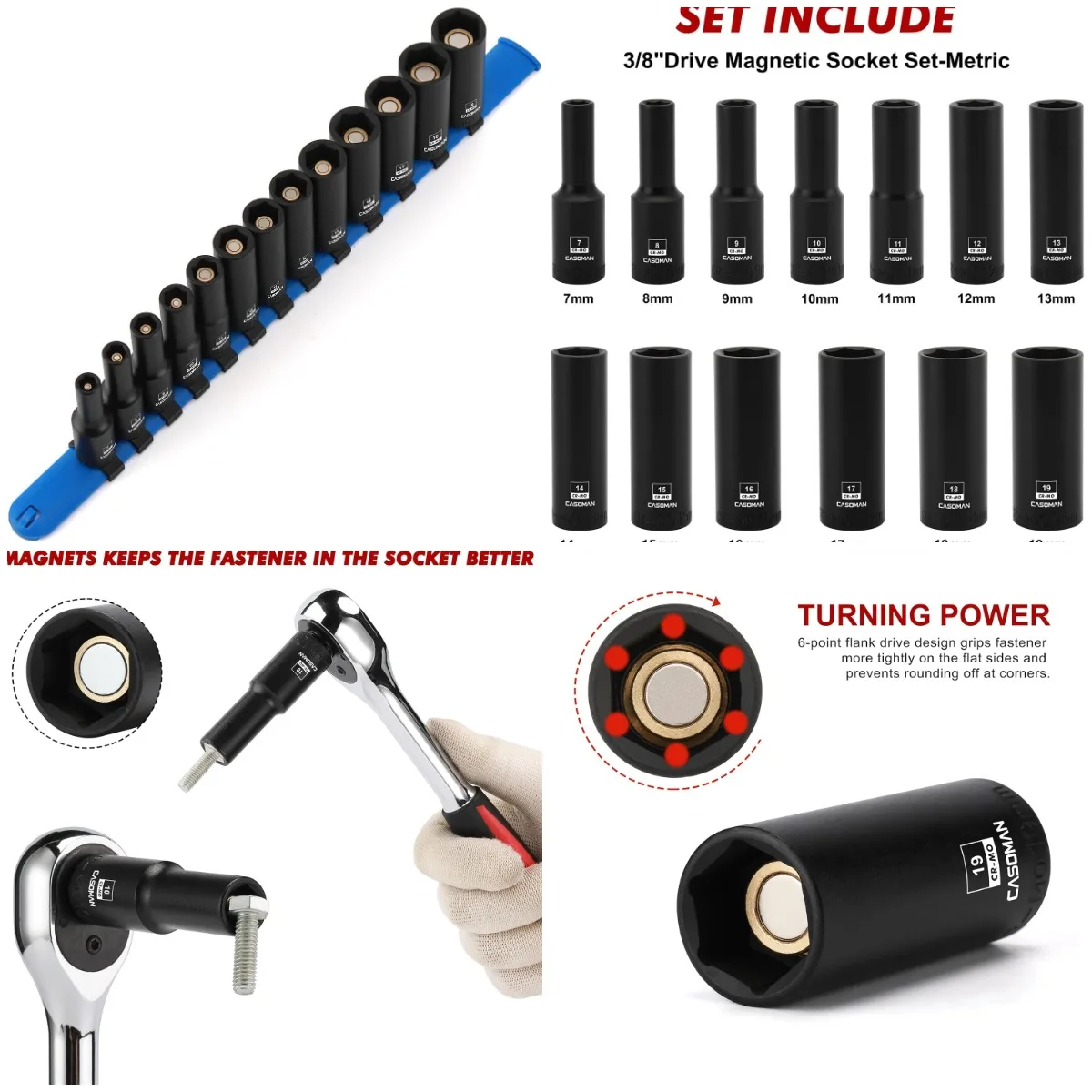 

13PCS 3/8'Drive Magnetic Impact Socket Set, Deep, 6-Point, Metric, 7mm to 19mm, CR-MO