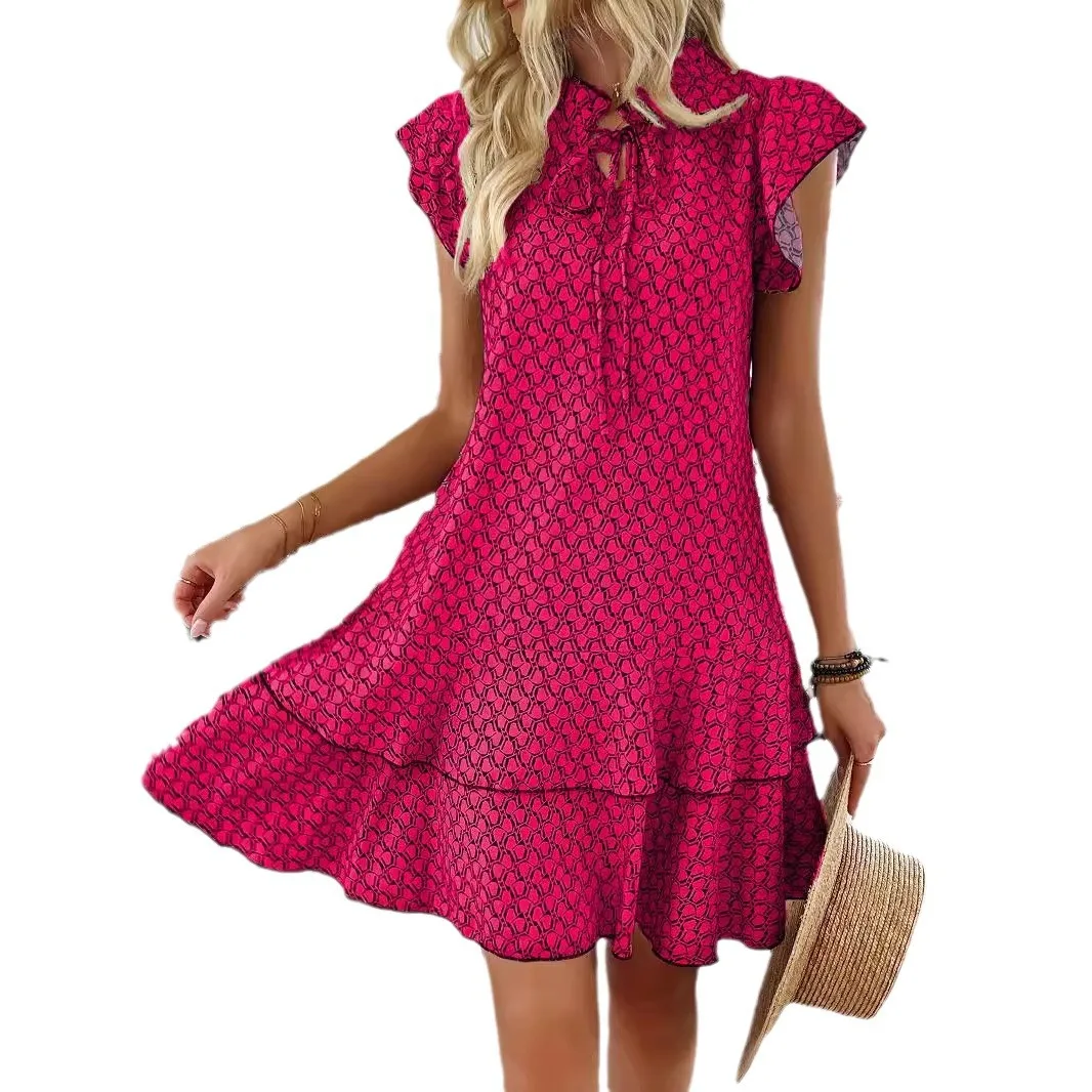2025 Elegant Women's Casual Loose Ruffle Mini Dress Bohemian Printed V-neck Lace-up Small Flying Sleeve Dresses For Women S-3XL image 5
