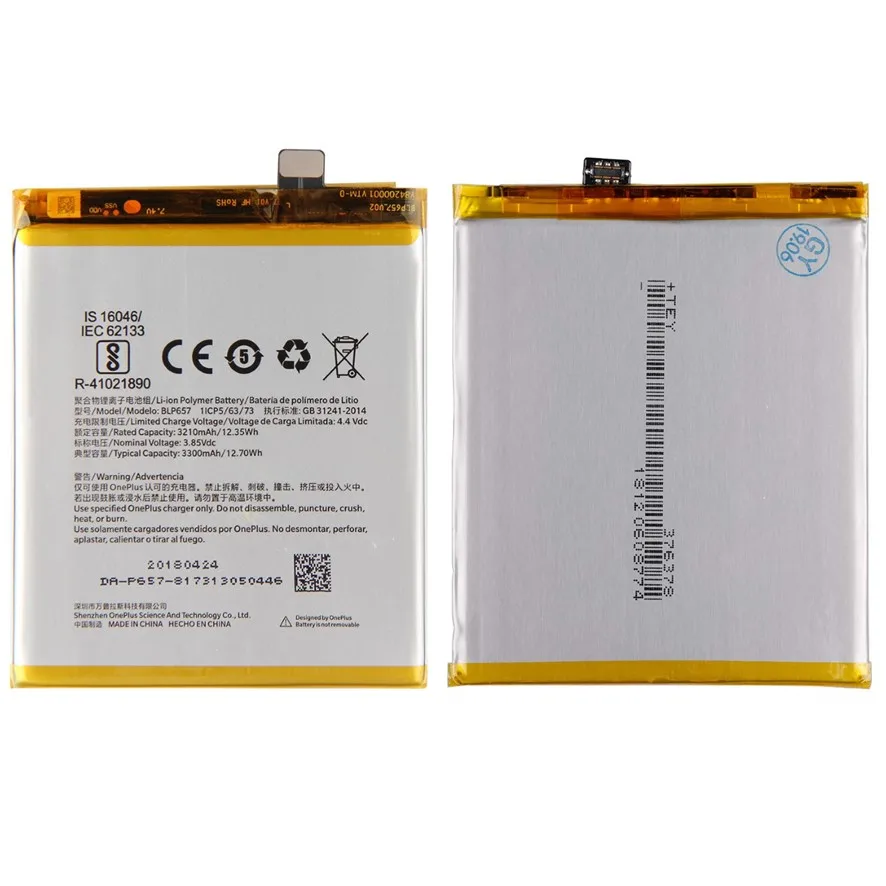 Batería Blp657 para OnePlus 6, capacidad 3300 mAh, repuesto interno con cable flexible