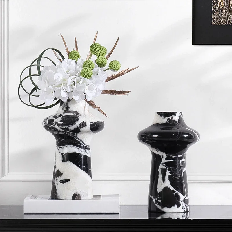 Luxury natural marble mushroom shaped Calacatta Black vase model room home hotel desktop high-end floral decoration ornaments