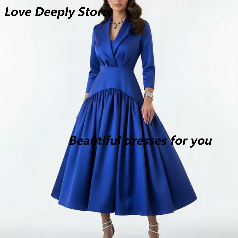 

Blue Suit Evening Dress Customized V-Neck Long Sleeves Satin A Line Evening Gowns Tea Length Ball Dress Formal Party Dresses