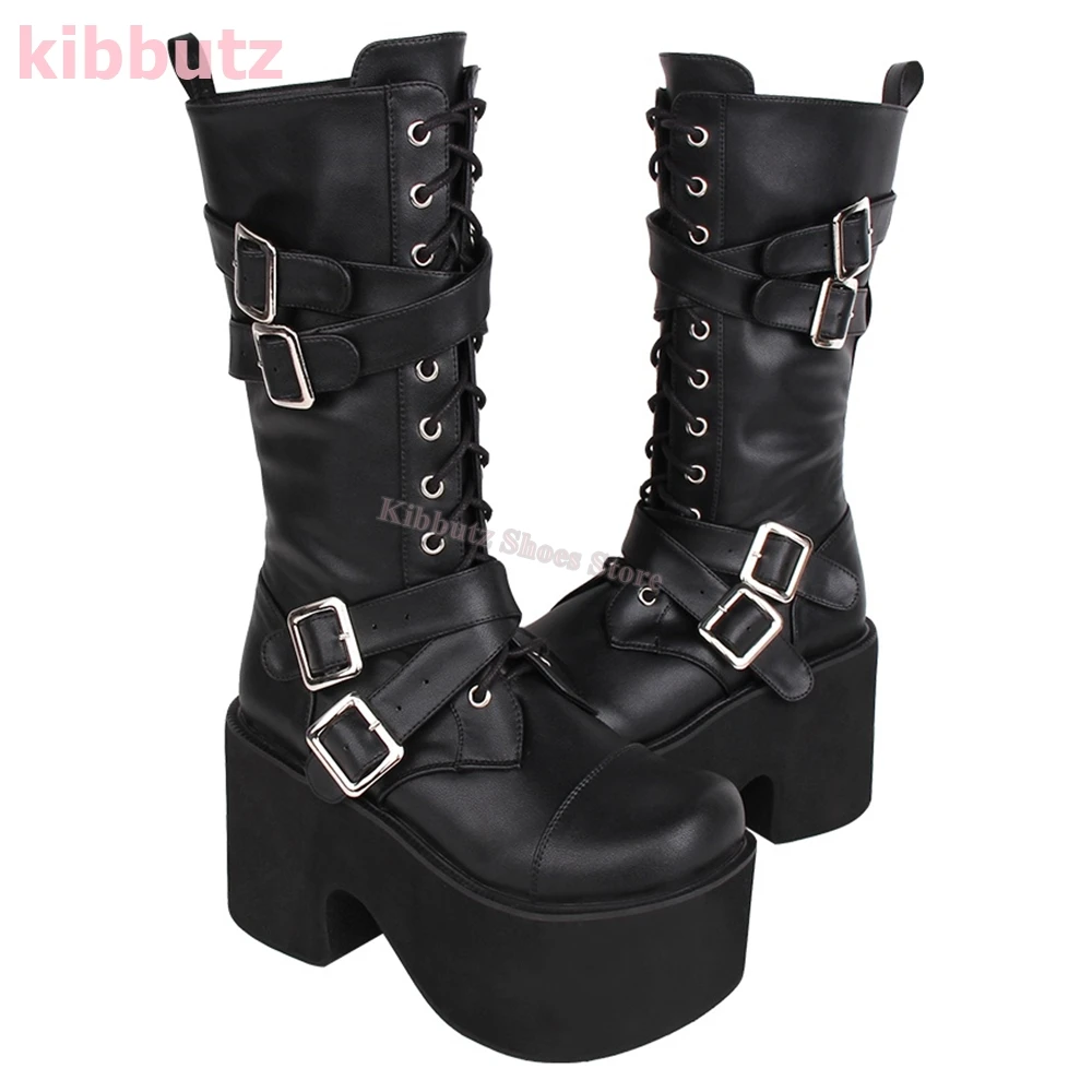 Belt Buckle Knee High Boots Platform Round Toe Height Increasing Back Zipper Lace-Up Solid Color Fashion Concise Women Shoes New