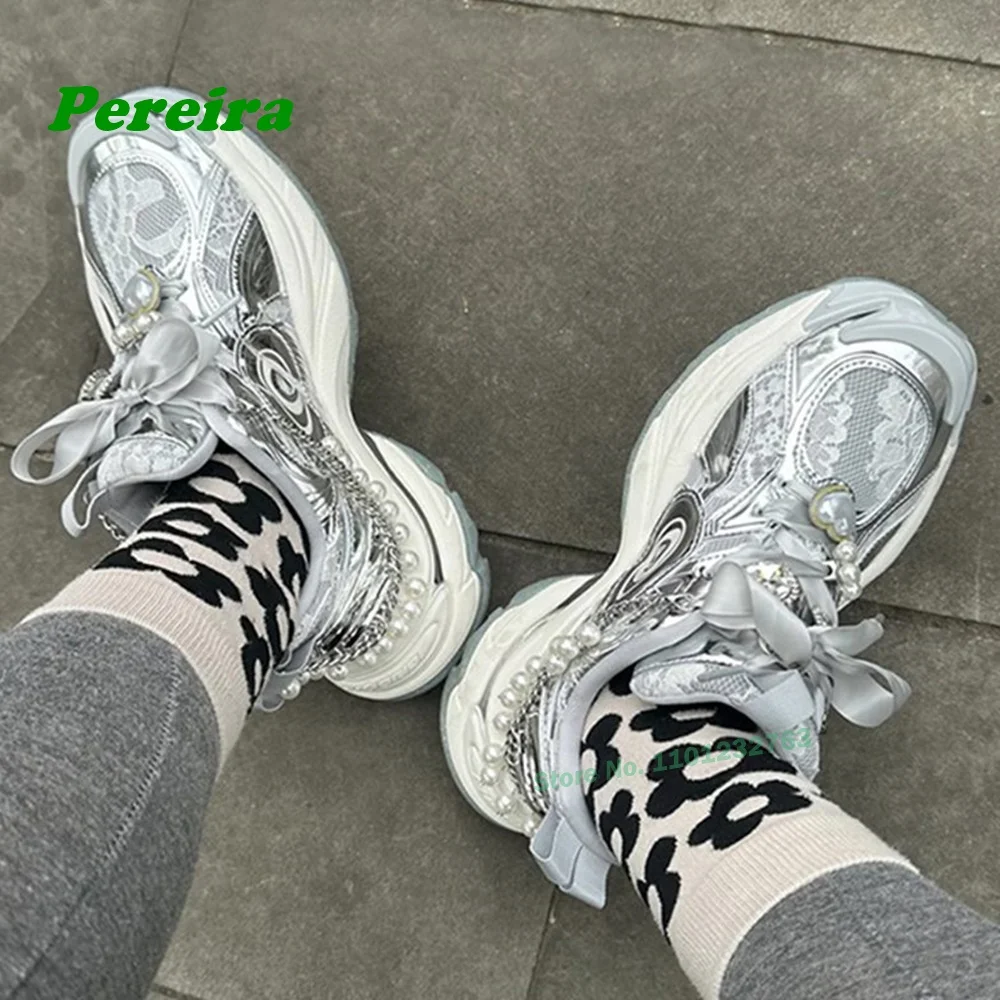 Lace Thick Soled Sneakers Dad's Shoes Newest Mesh Casual Shoes Round Toe Pearl Patchwork Shallow Women's Boots Silver Breathable