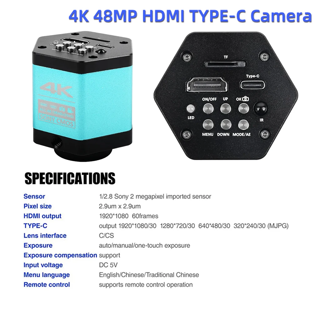 48MP HDMI USB przemysłowa elektroniczna cyfrowa kamera wideo z mikroskopem HD 1080P 60FPS 4K do naprawy PCB procesora telefonu 110v 220v