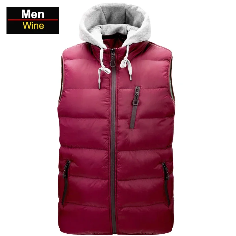 

Men's Hiking Down Vests Solid Hooded Vest Jackets Male Winter Zipper Pockets Waistcoat Sleeveless Jacket Large Size