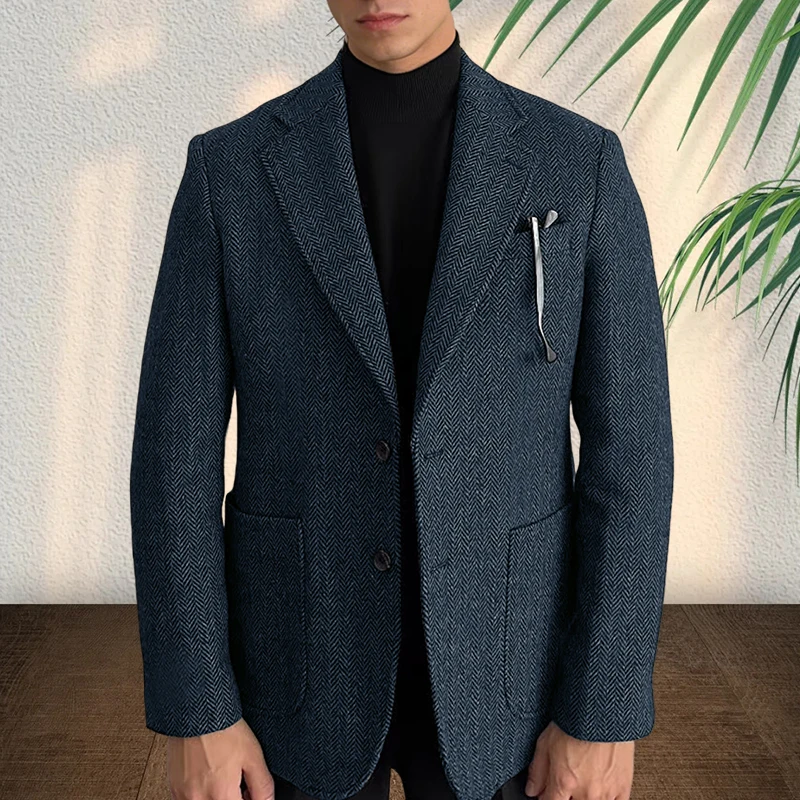 Men's herringbone suit coat grey single breasted lapel slim fit men's jacket Business casual tailored plus size man blazer