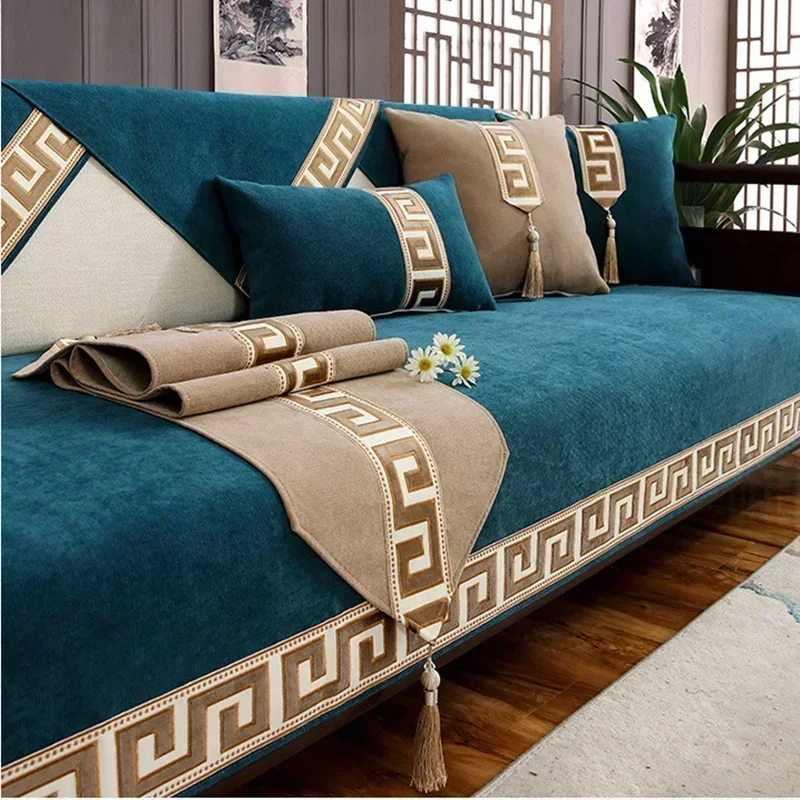 Chenille Gold Thread Embroidery Non-slip Towel Pillowcase Decore Home L-shaped Sofa Cushion Four Season Universal Sofa Cover