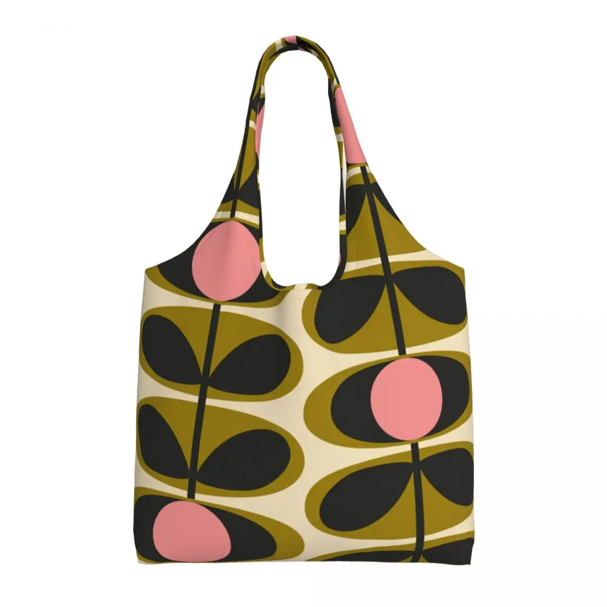 Custom Print Oval Flower Stem Olive Orla Kiely Shopping Tote Bag Reusable Grocery Canvas Shopper Shoulder Bag Photograph Handbag