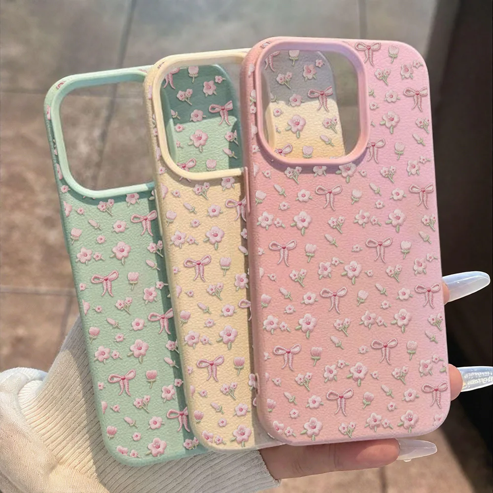Cute Pink Flower Phone Case For iPhone 16 15 13 11 14 12 17 Pro Max Air Plus Leather Lichee Pattern Shockproof Soft Cover Fundas - view 2