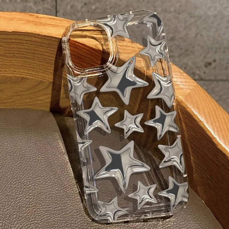 Transparent Silver Star Print Phone Case For iPhone 15 16 Pro Max 11 12 13 14 Pro Mini Funda iPhone 7 8 Plus X XR XS SE2 Cover