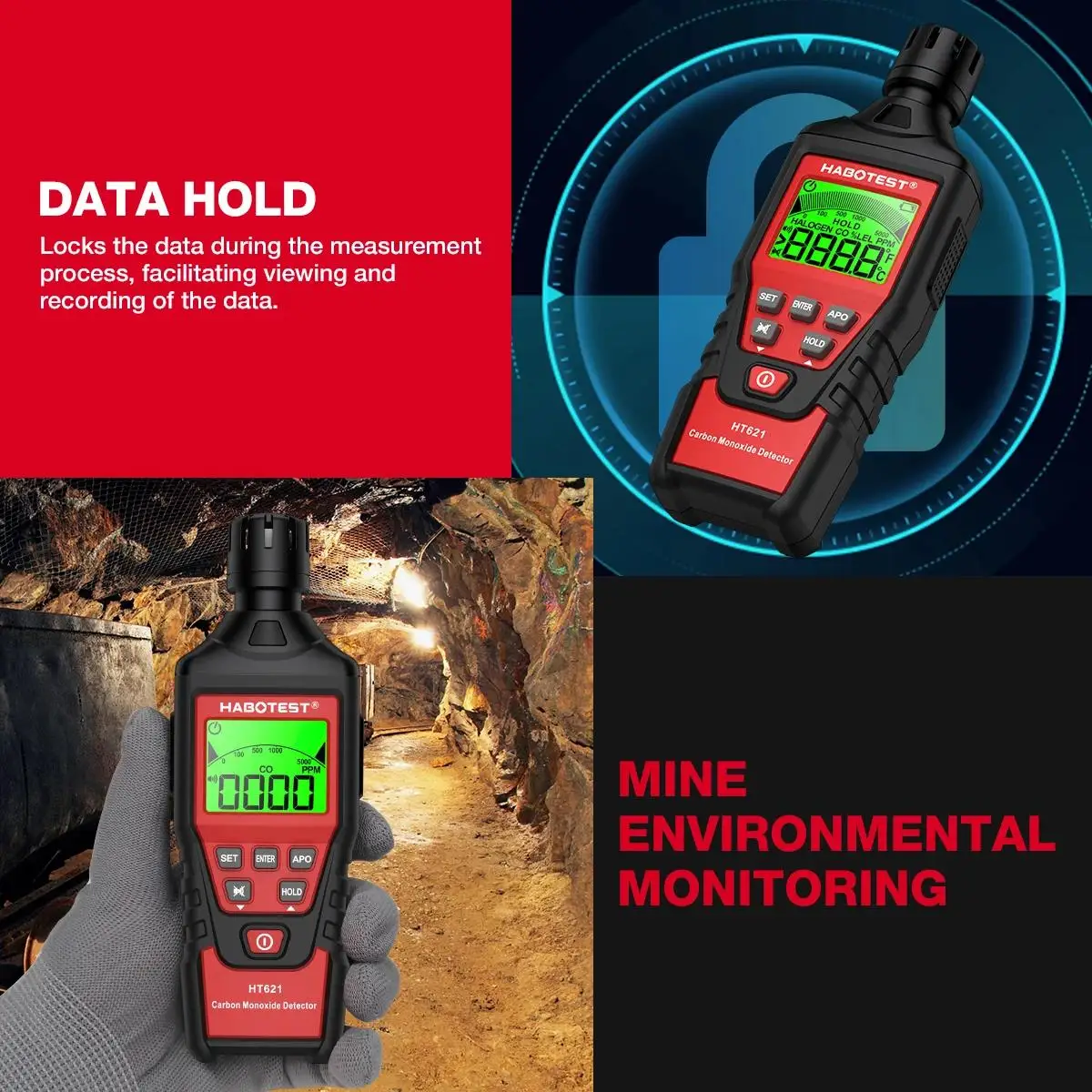 HABOTEST HT621 Carbon Monoxide Detector Alarm New Photoelectric Sensor Professional High Precision CO Gas Tester LCD Display