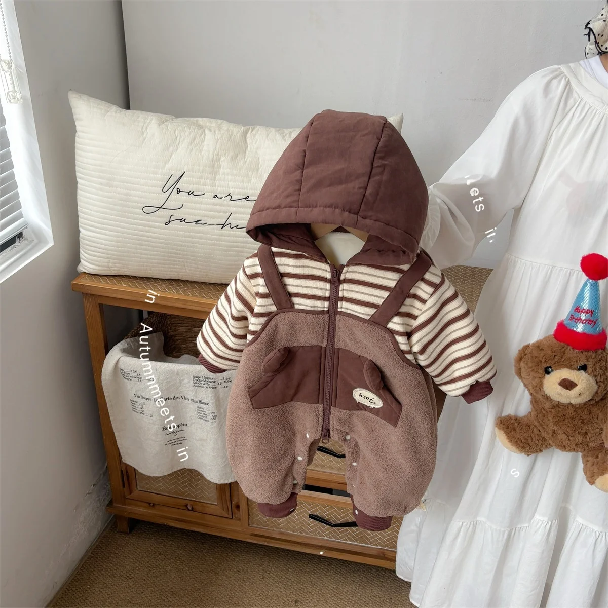 

Thiened Fce Winter Rer Suit for Newborn Boys with Hat Striped Two-Piece Look Breathable Cotton Long Sve Pants
