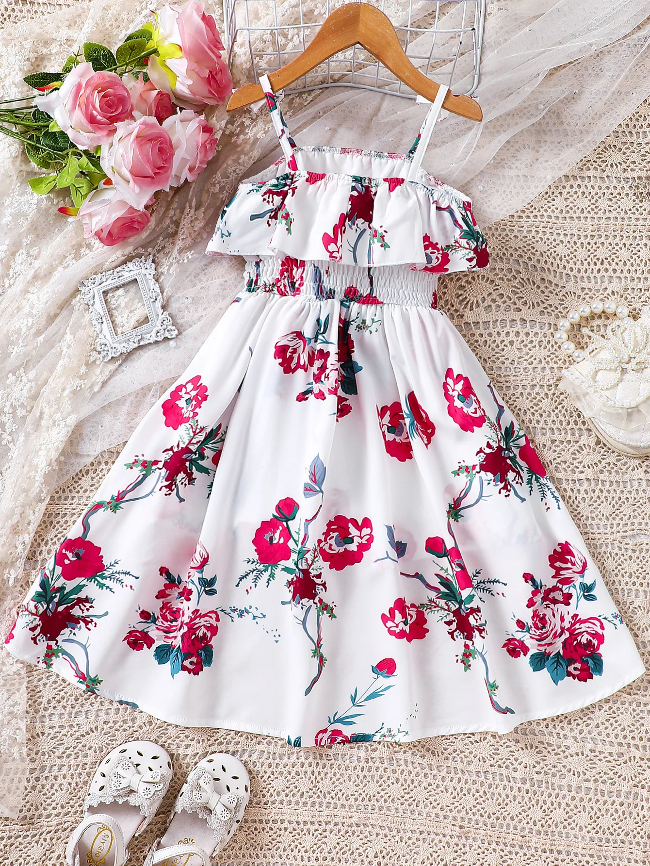 Girls\' summer new casual vacation style romantic floral ruffle skirt jumpsuit