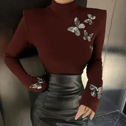 Women Clothing Stylish Vintage Sequins Butterfly Chic Basic T-shirt Elegant Half High Collar Long Sleeve Slim Fit Pullover Tops