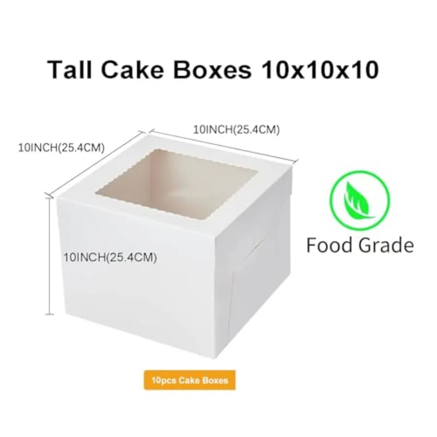 10PACK 10x10x10 Cake Boxes with Window For multi-tier Cake, Tall White Cake Boxes for Transporting and Displaying For Wedding,