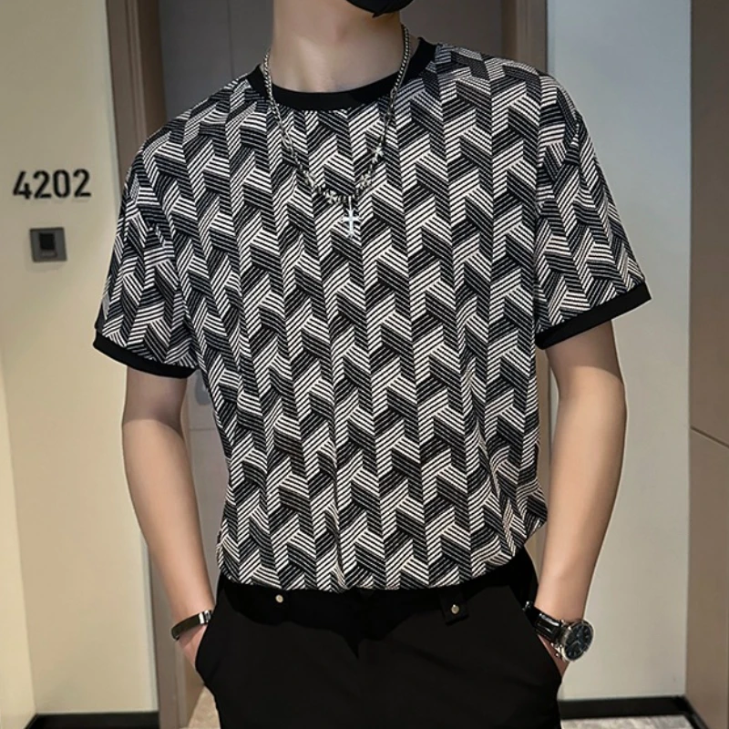 

Summer Ice Silk Jacquard Hollowing Out Short Sleeve T-shirt Men's Fashion Thin Casual Slim O-neck Tshirt Social Party Streetwear
