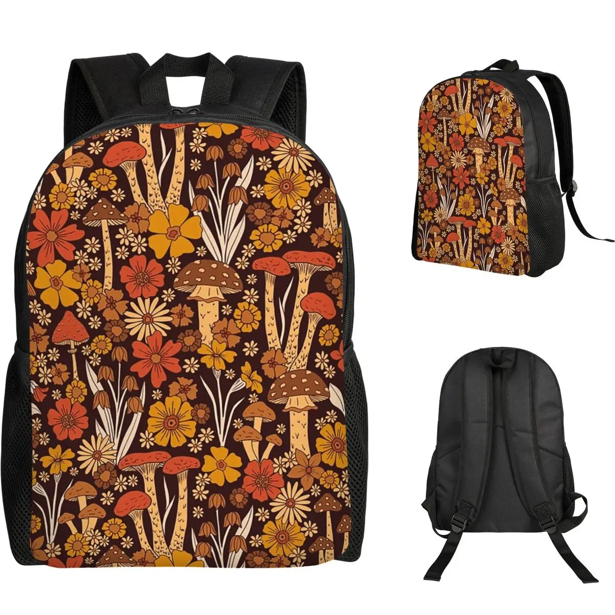 

Retro 1970s Brown And Orange Mushrooms And Flowers Student Backpack School Bag Hiking Travel Daypack Bookbag Shoulder Bags