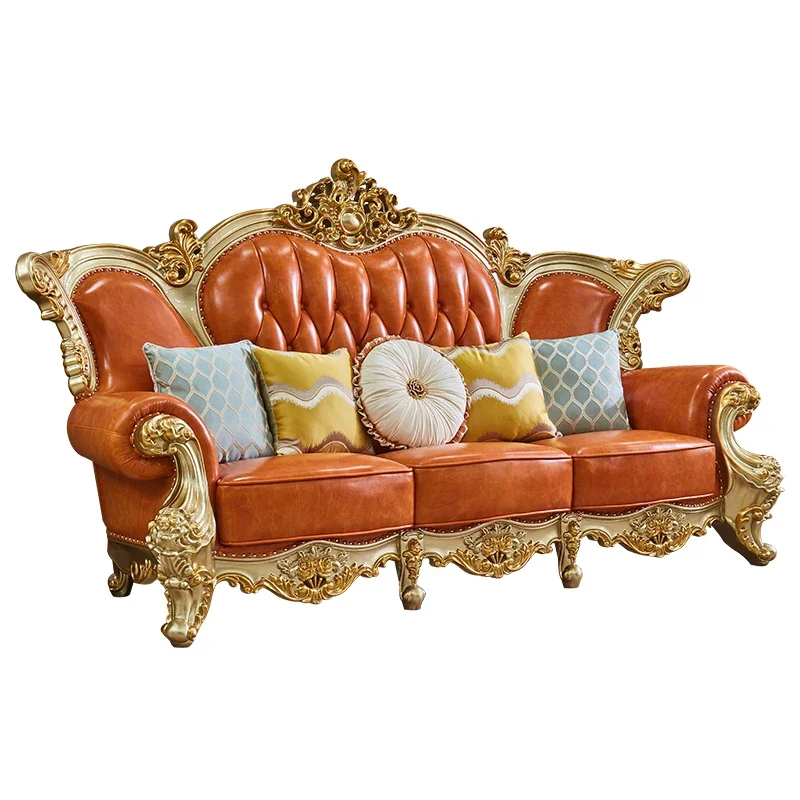 

Диван из воловьей кожи, маленькая роскошная вилла, натуральная кожа, массив дерева, резной золотой диван