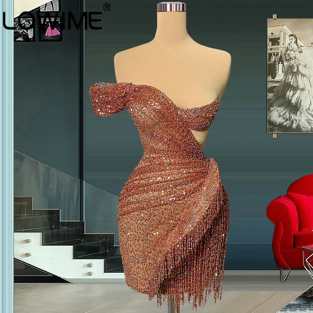 

Glittering Sequins One Short Sleeve Prom Night Dresses 2023 Sparkle Beading Tassels Modern Outfits Summer Mini Party Gowns
