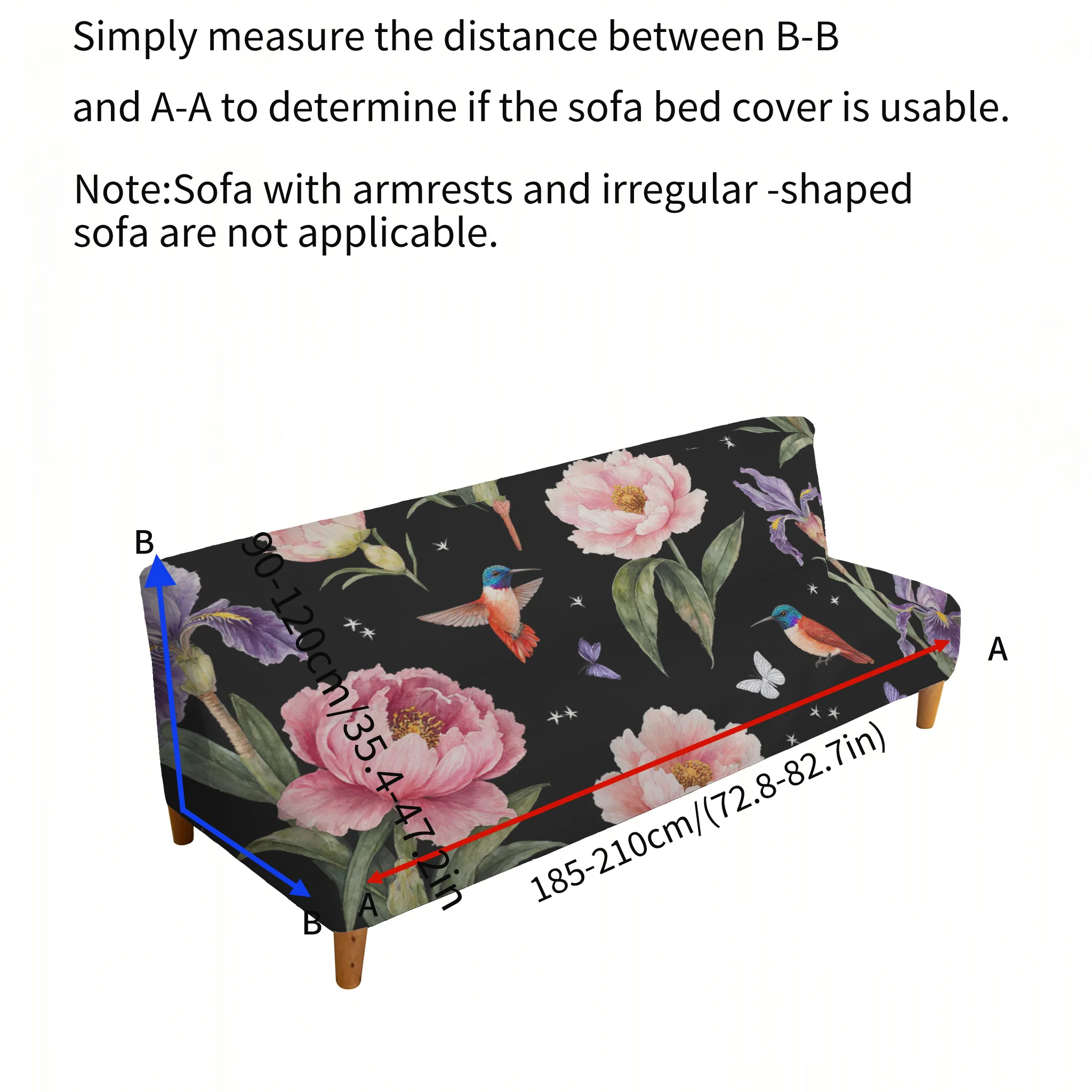 Armrest-free elastic printed sofa bed cover, living room home decoration, retro peony hummingbird pattern